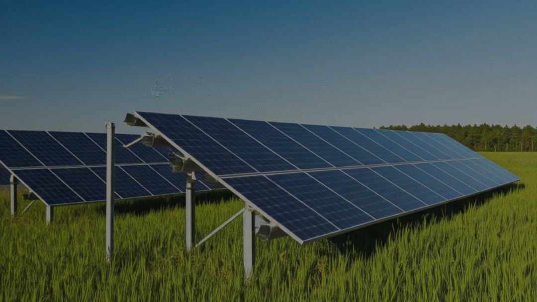 Rows of blue solar panels in a green field under a clear blue sky with a forested horizon in the background.