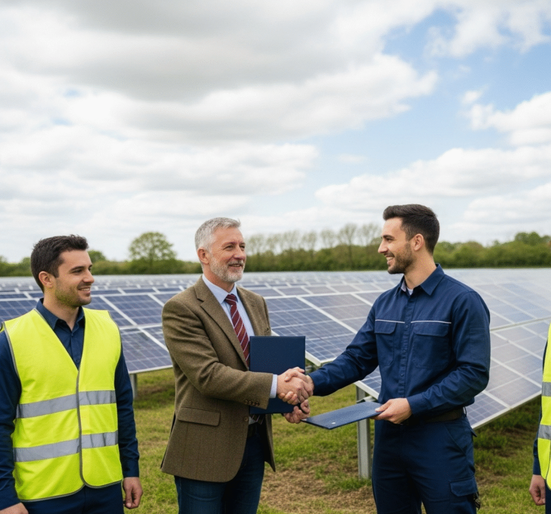 Business and installation team finalising a renewable technologies project on a solar field, representing collaboration in renewables.