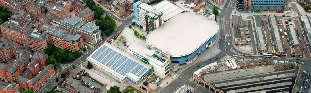 Solar panels on the National Ice Centre in Nottingham