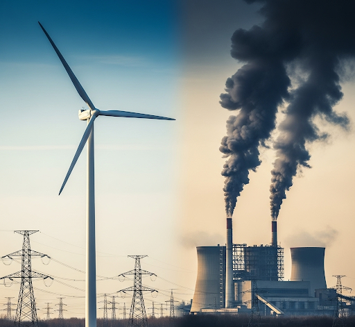 Wind turbine alongside coal power plant highlighting carbon footprint differences