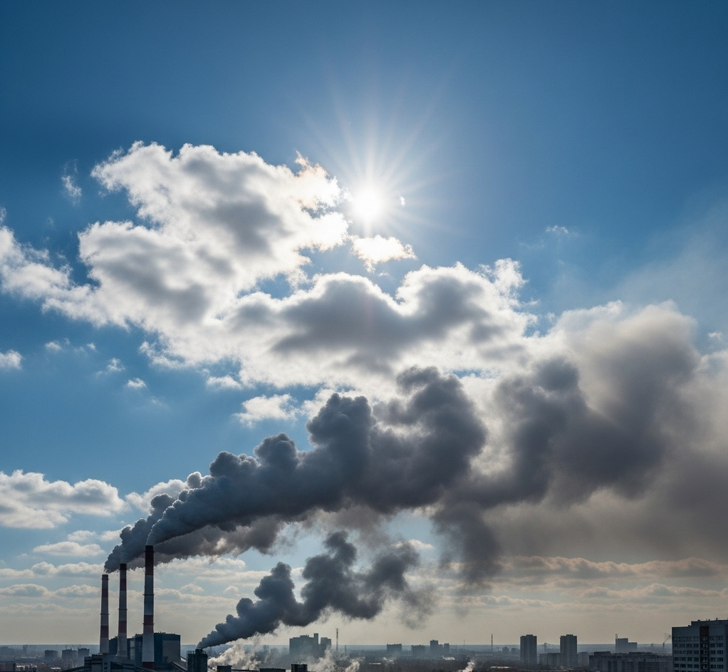 Smoke emissions from industrial smokestacks contributing to carbon footprint