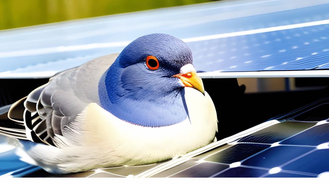 A pigeon sitting between rows of solar panels on a rooftop.