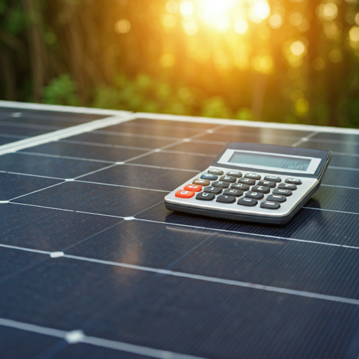 A calculator over the solar panels illustrates the financial aspects of selling electricity back to the grid.