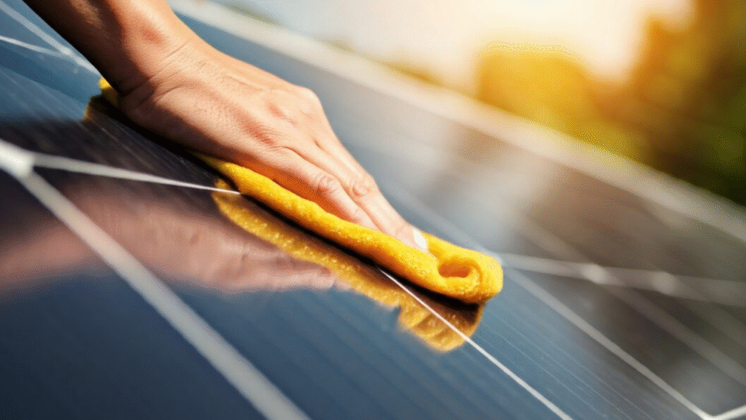 Hand wiping a solar panel with a yellow cloth during routine cleaning.