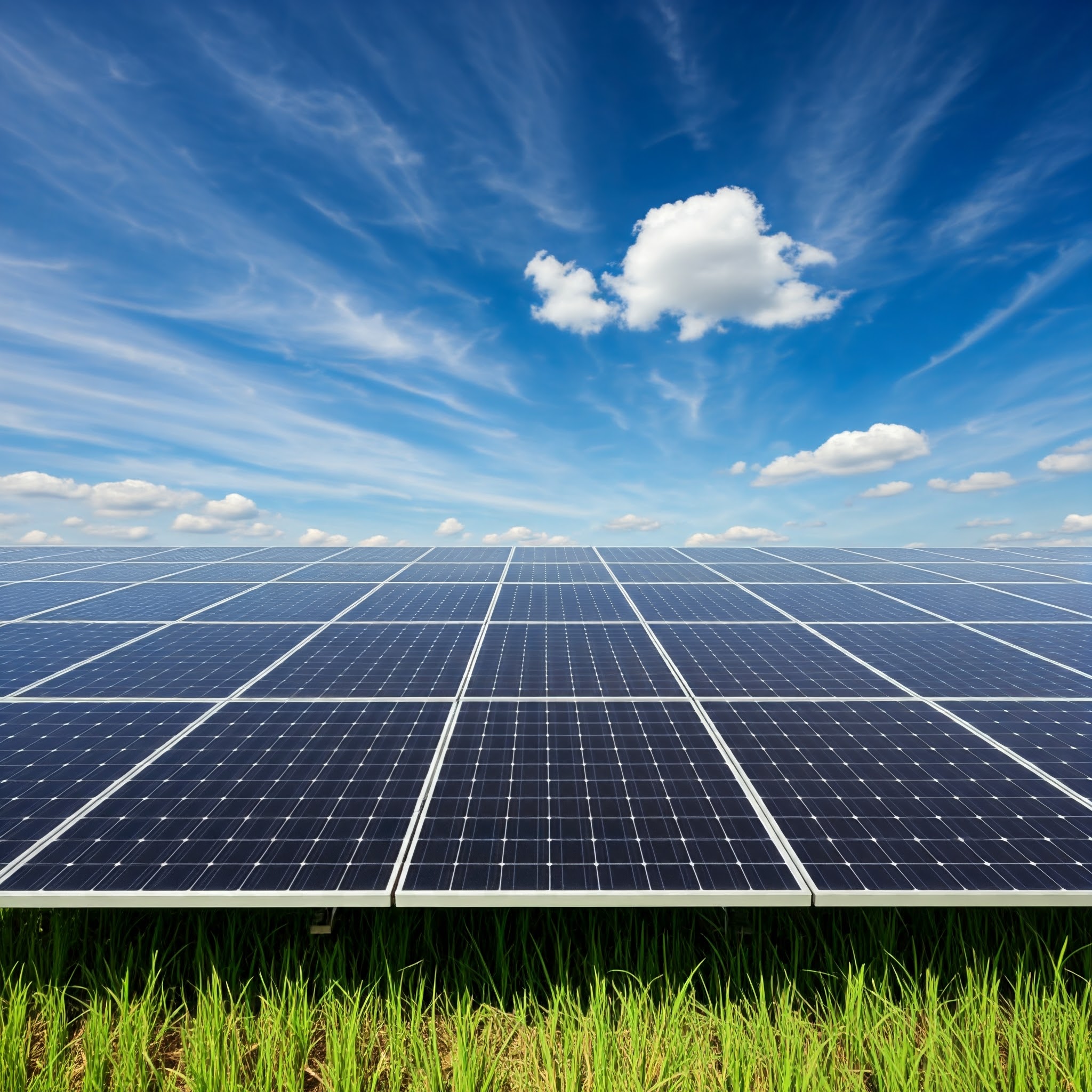 Ground-mounted solar panels installed on a grassy field under a clear blue sky, showcasing renewable energy technology