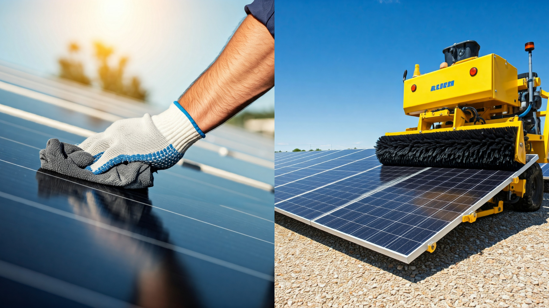 two different methods of cleaning ground mount solar panels