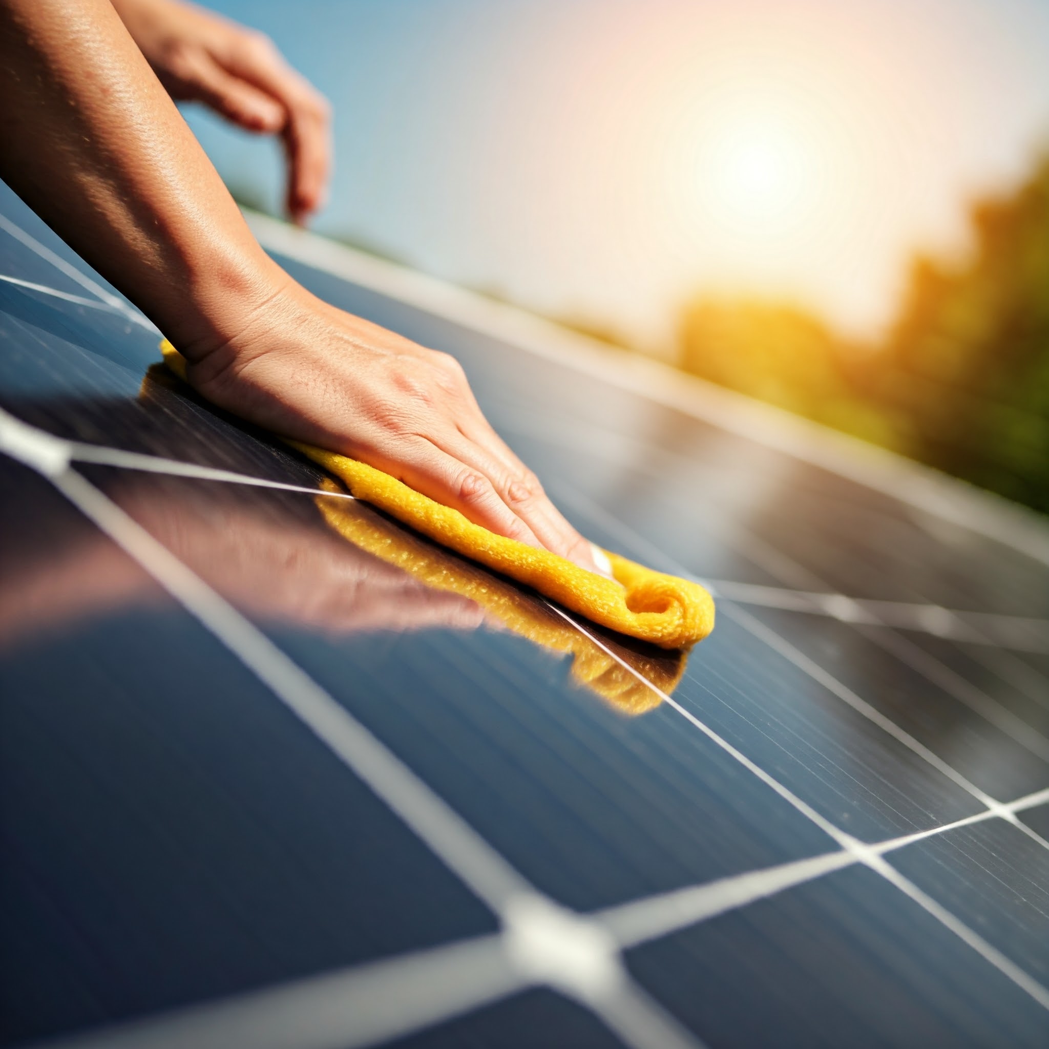 A person using a yellow cloth to clean a ground-mounted solar panel, ensuring optimal energy efficiency