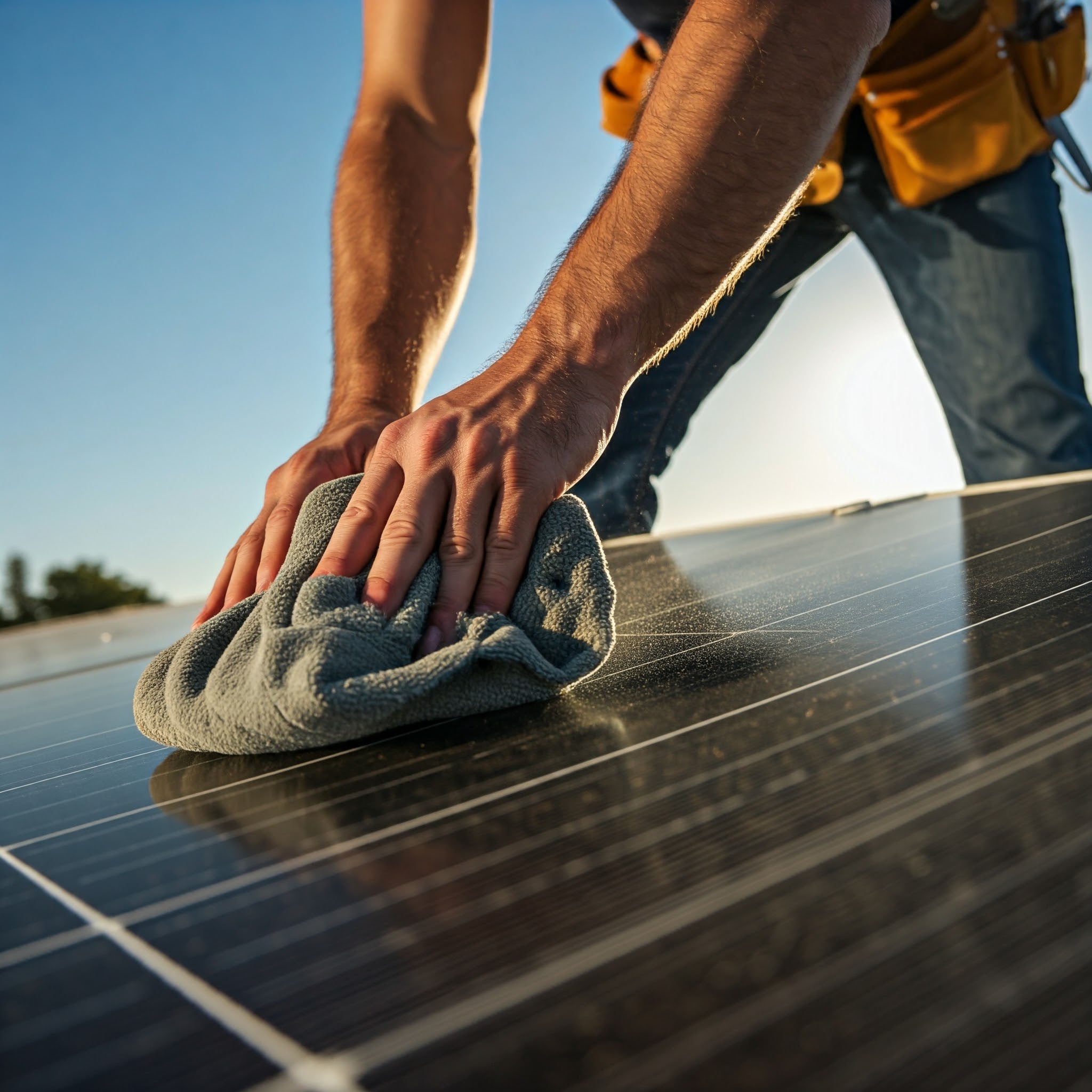 A man using a cloth to clean a ground-mounted solar panel, ensuring optimal performance and efficiency.