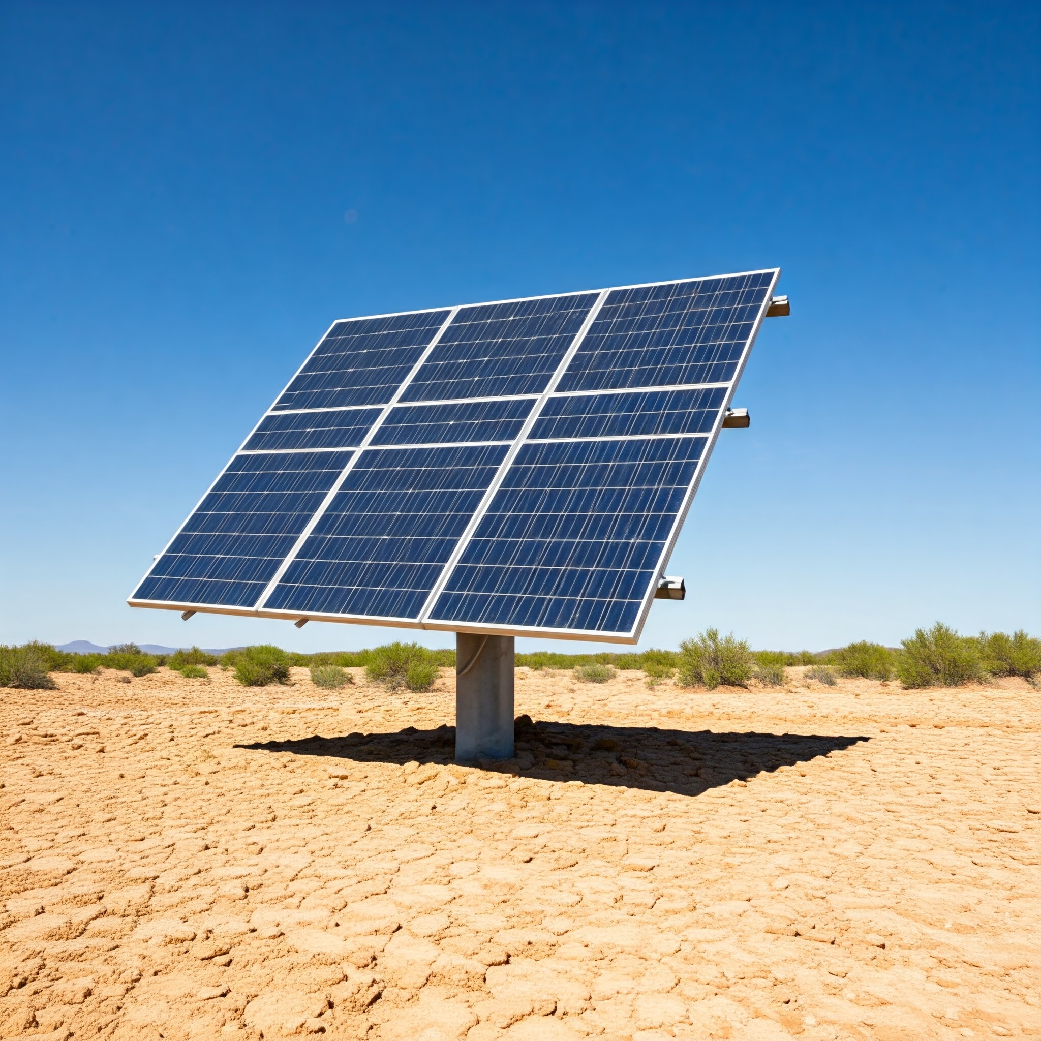 A solar panel installed on dry desert ground, representing the use of solar energy in arid conditions