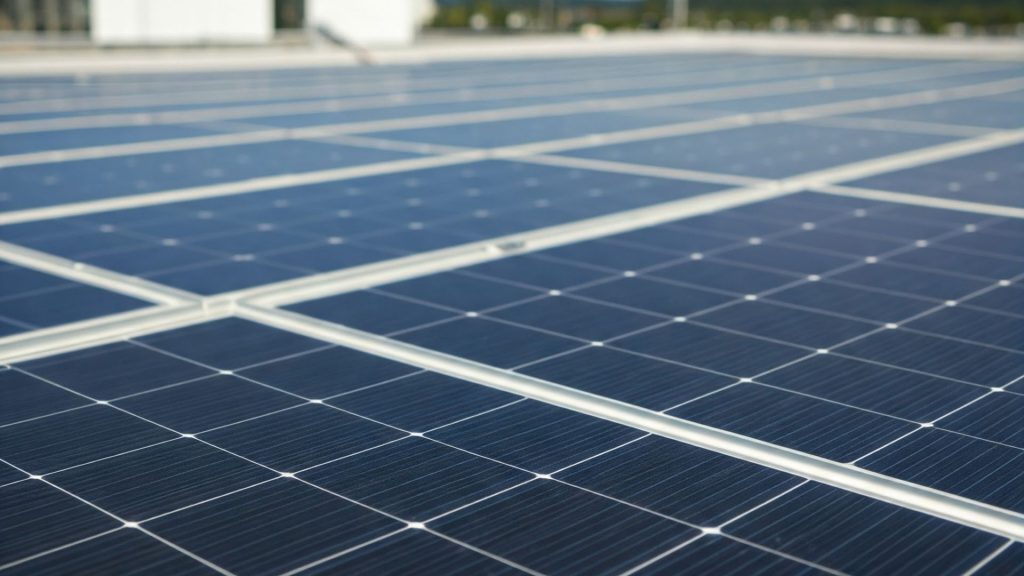 Close-up view of solar panels on a flat roof, demonstrating how many solar panels can fit on a roof with optimal spacing and layout.