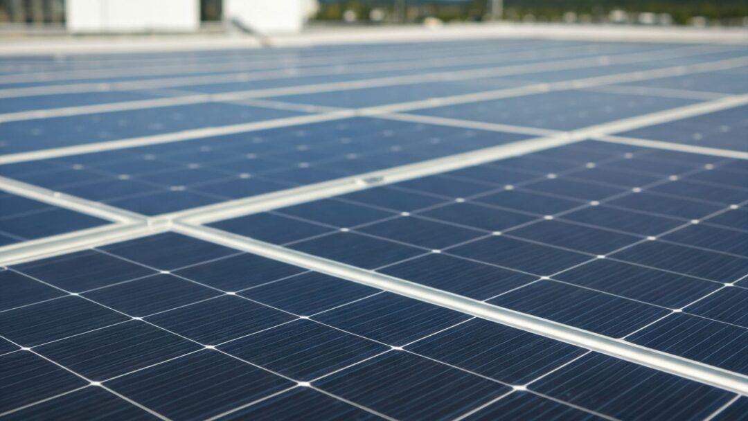 Solar panels installed on a roof, illuminated by the warm hues of a sunset, showcasing renewable energy potential