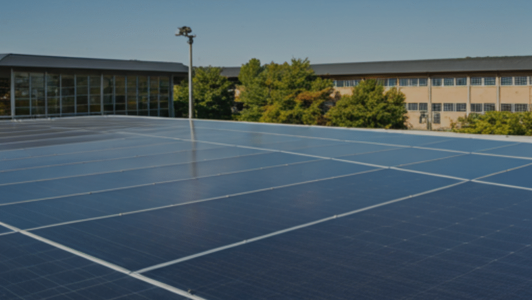 Large flat rooftop covered in rows of blue solar panels, with nearby commercial buildings and green trees under a clear blue sky in the background.