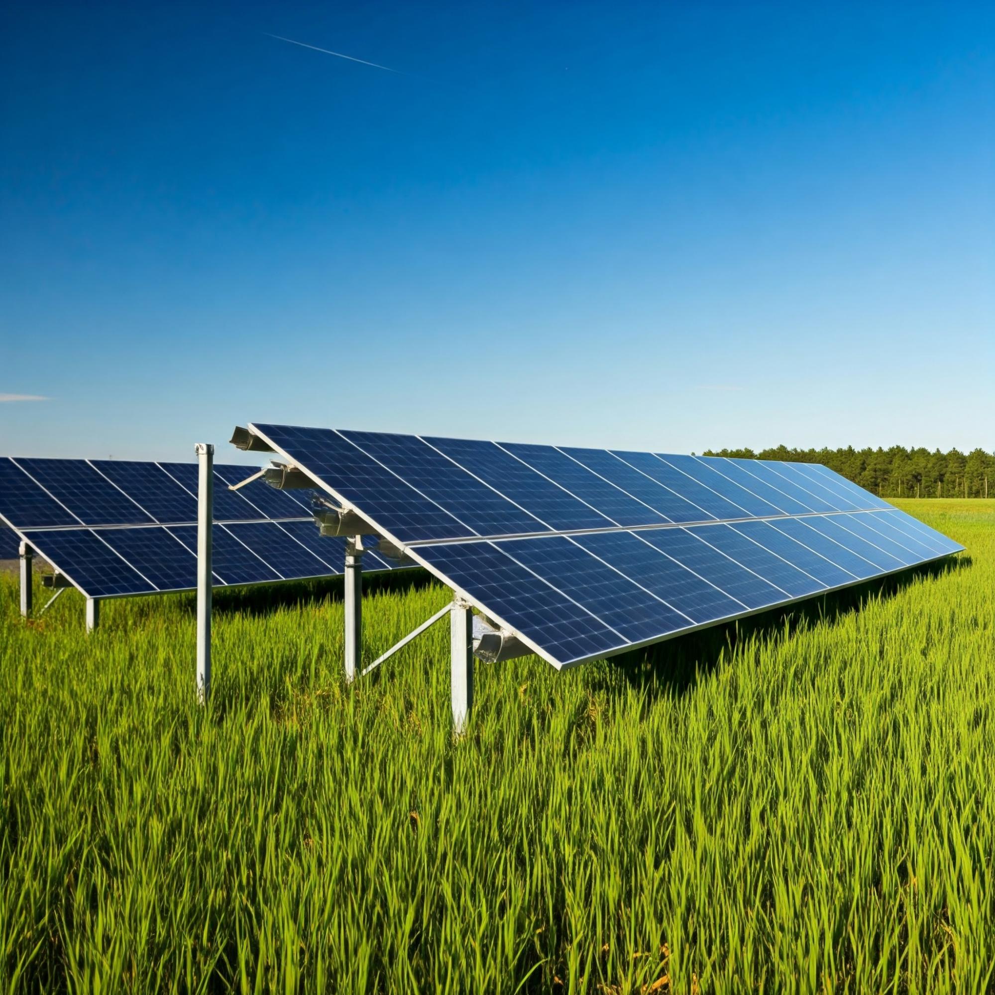 Solar panels installed in a lush green grass field, promoting sustainable energy through green loans for solar initiatives.