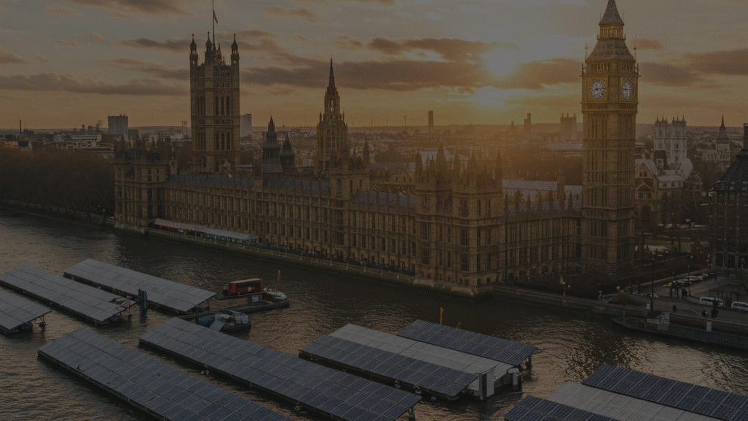 View of the Houses of Parliament and Big Ben at sunset, with rows of floating solar panel platforms on the River Thames in the foreground.