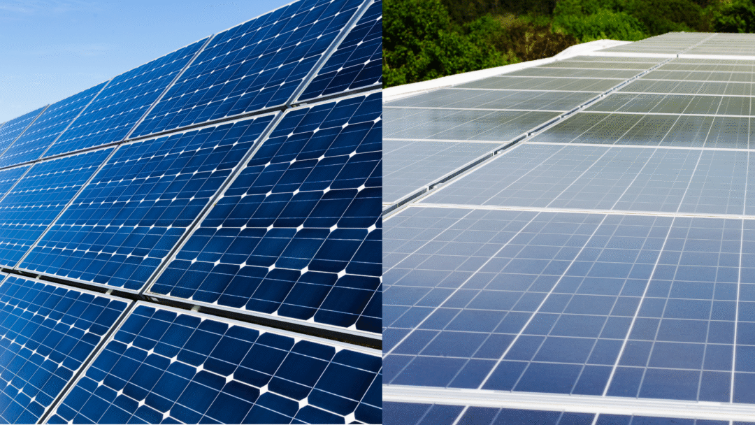 Close-up split view of two solar PV arrays, showing dark blue photovoltaic panels on the left and a slightly lighter, more reflective set of panels on the right, mounted outdoors under natural light.