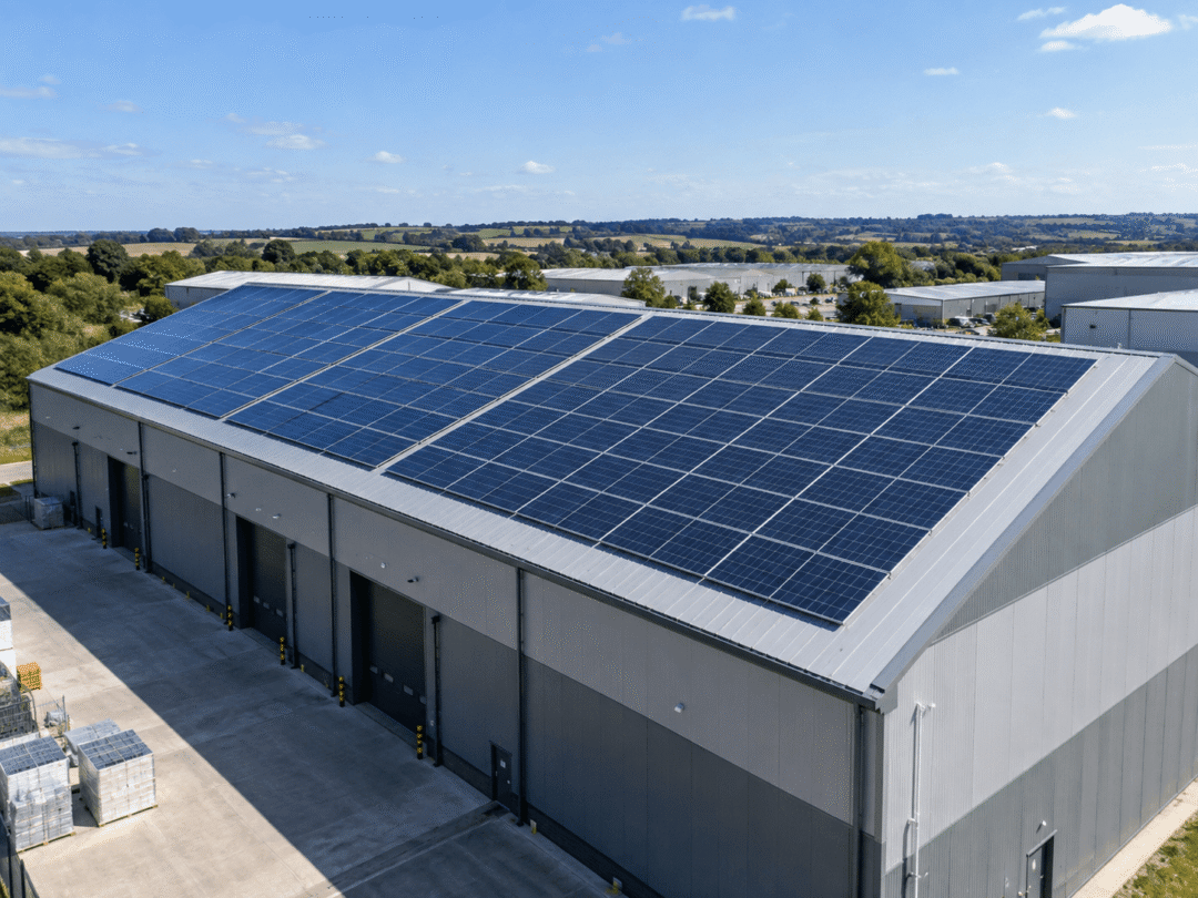Large south facing solar panel array installed on an industrial warehouse roof in the UK.