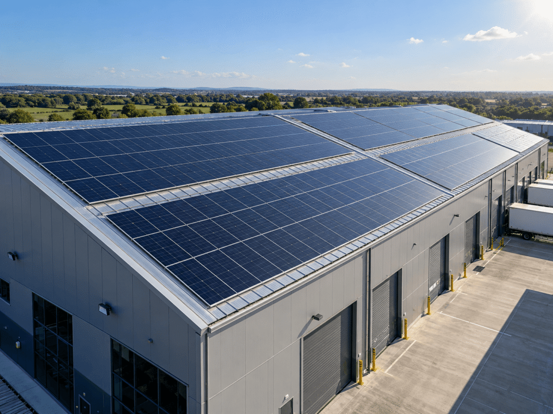 South facing solar panels installed across a large commercial warehouse roof under clear blue skies.