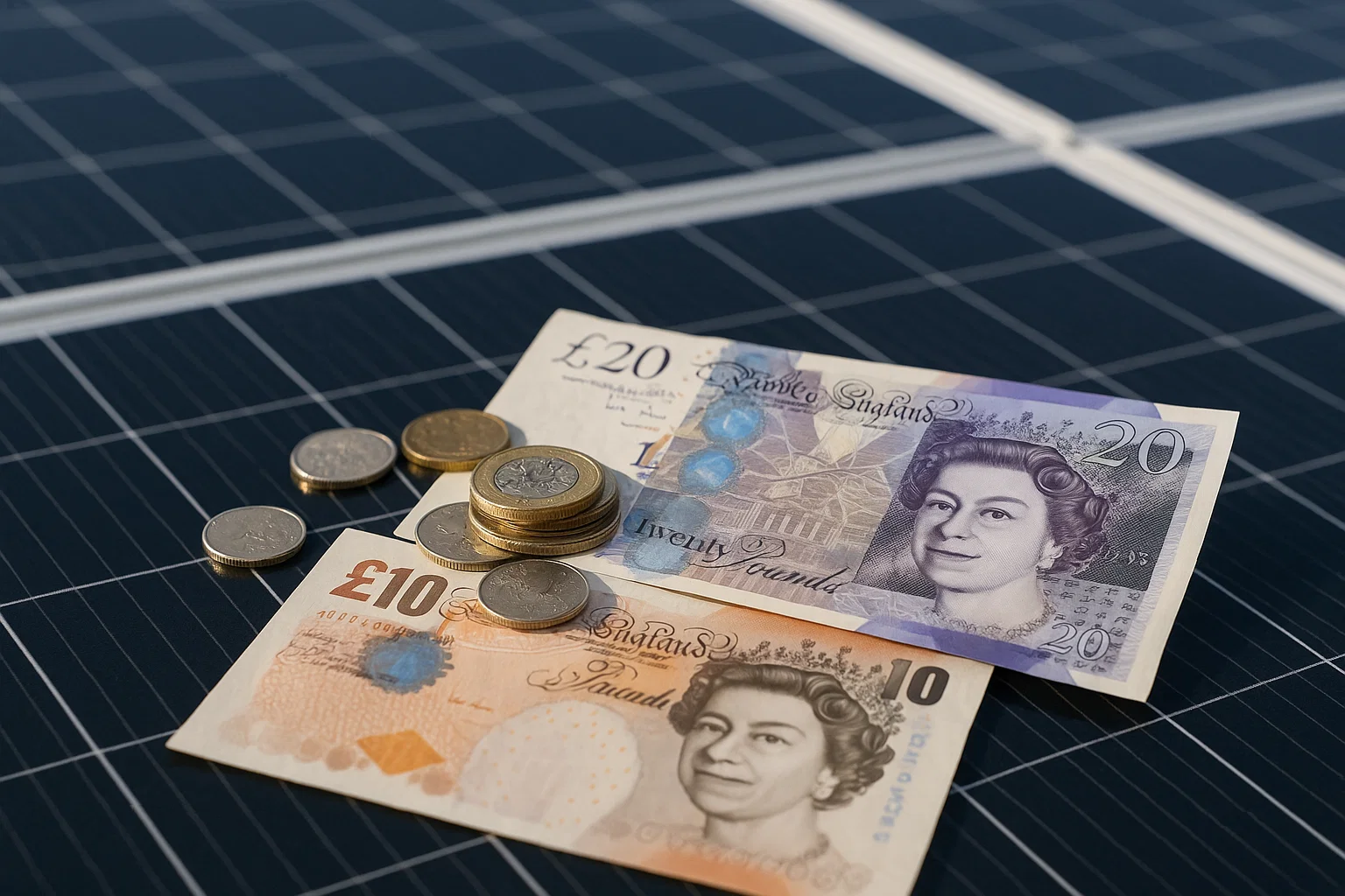 Close-up of £20 note and coins placed on solar panels, representing UK solar grants for renewable energy projects.