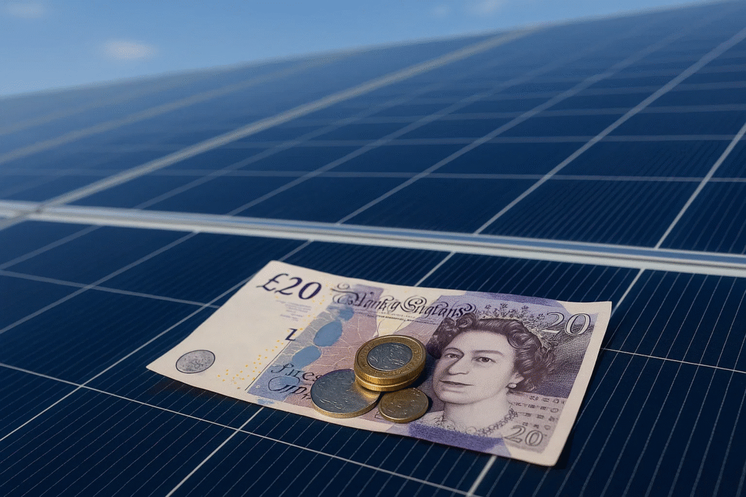 British banknotes and coins on solar panels highlighting the financial benefits of UK solar grants.