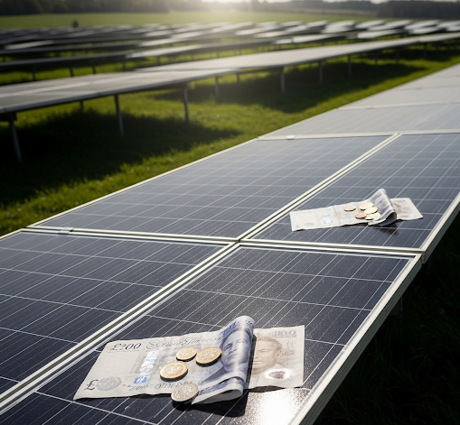 British currency on solar panels at a solar farm, symbolising financial support through UK solar grants.
