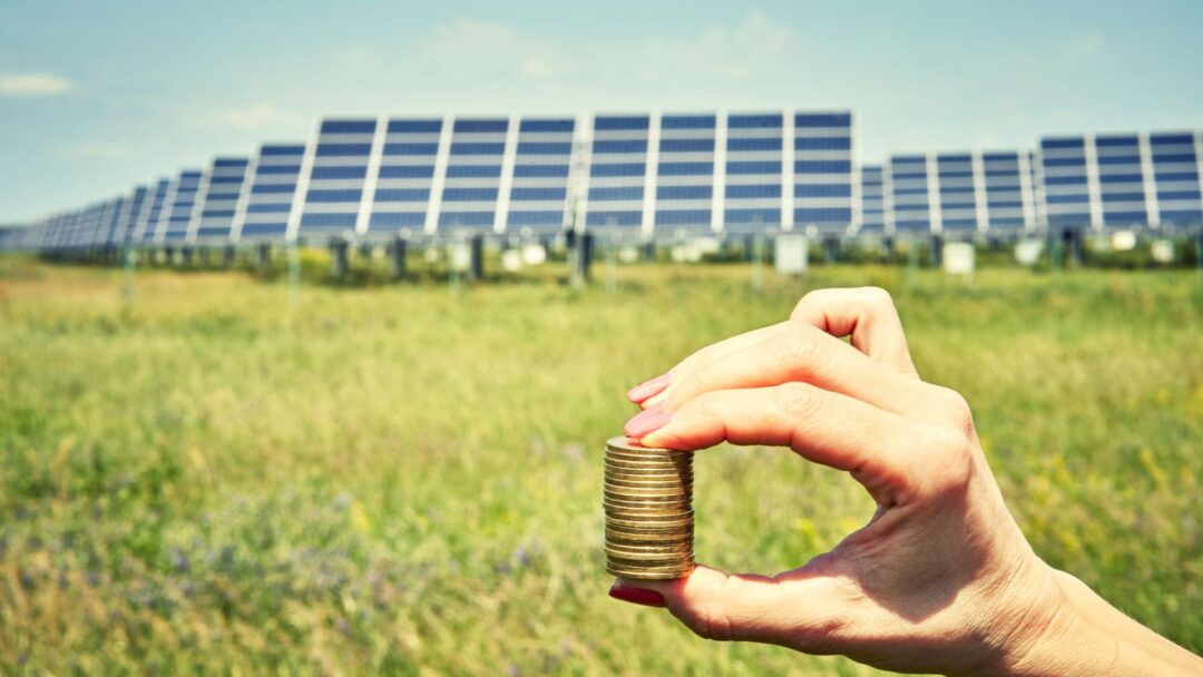 Hand holding a stack of coins in the foreground, with a large utility-scale solar farm array visible in a sunny, grassy field, representing solar investment and profit in PPA
