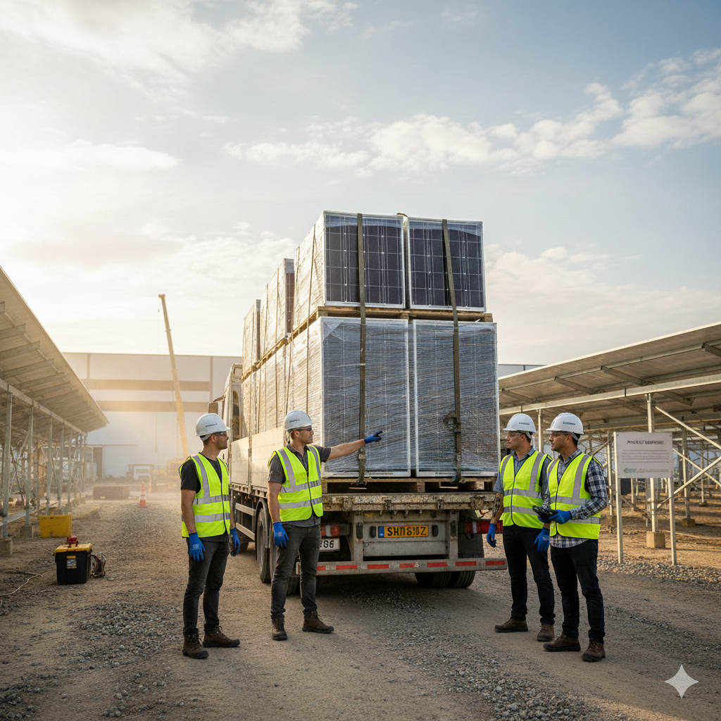 Construction workers in high-visibility gear inspecting a delivery of stacked solar panels on a truck at a solar installation site.