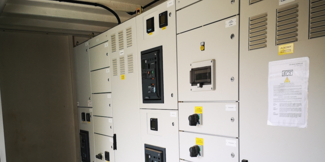 High-voltage electrical switchgear and control panels inside a commercial power distribution room."