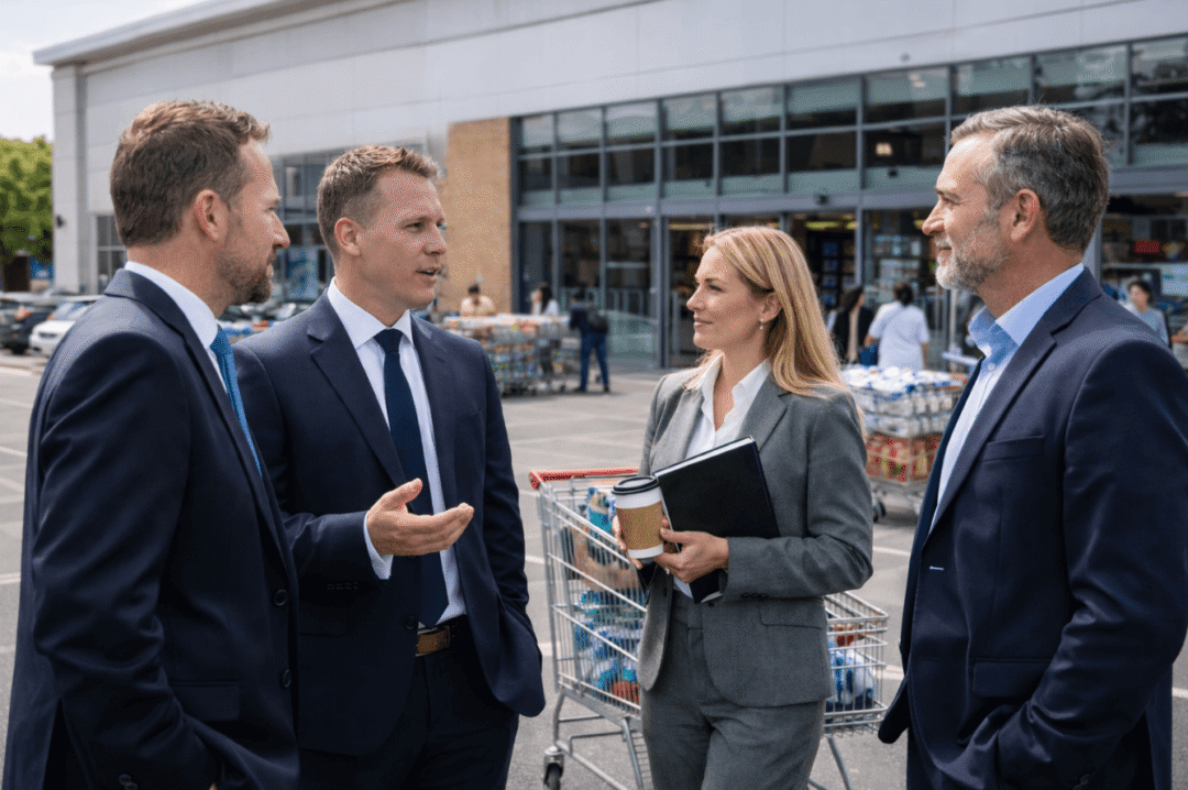 Business investors discussing outside the retail store