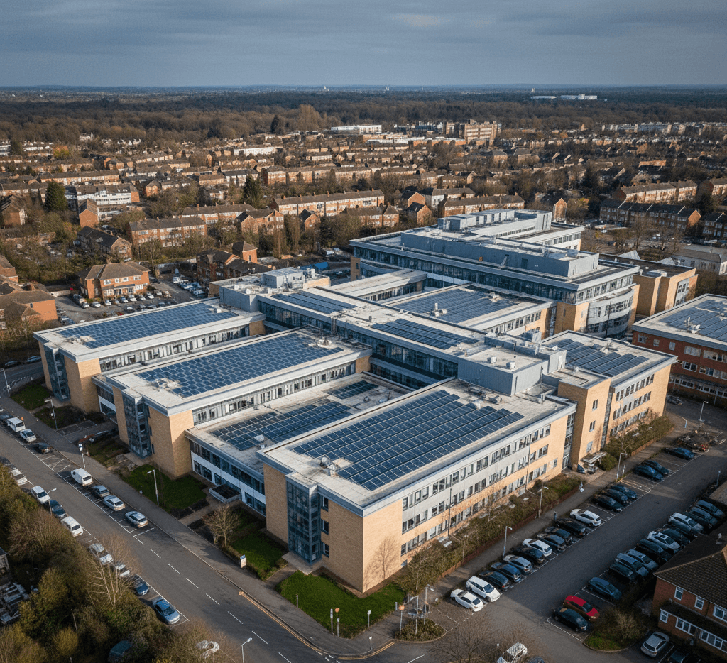 Modern hospital facility in the UK with full solar PV rooftop system.
