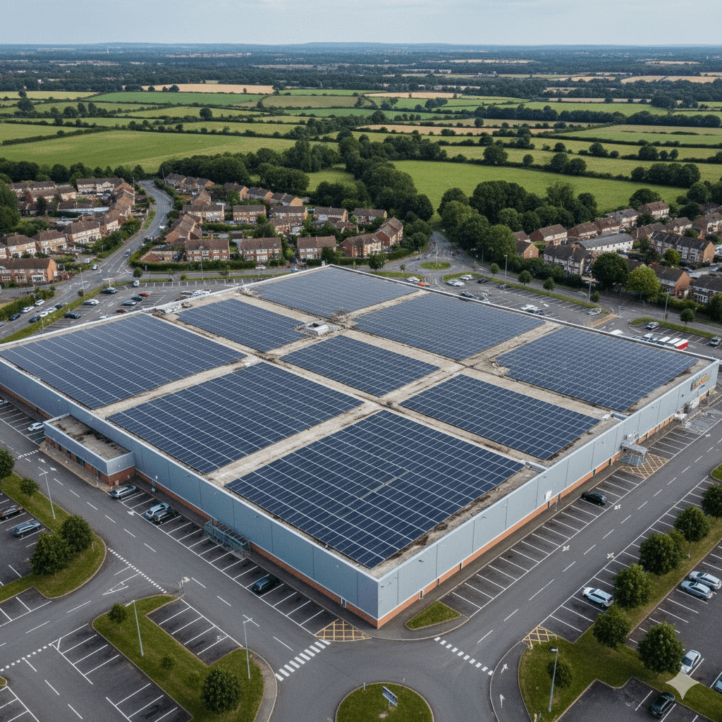A large retail warehouse with a fully covered rooftop solar panel system, located in a suburban UK neighbourhood.