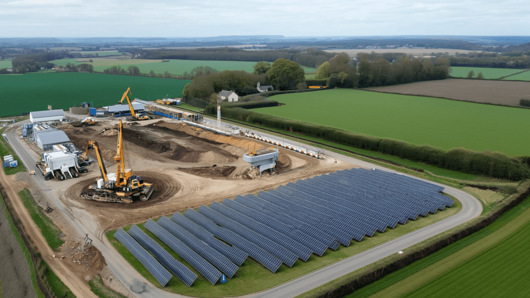 Solar PV system installed on grass beside active construction with excavators and machinery, set in a rural UK location surrounded by farmland.