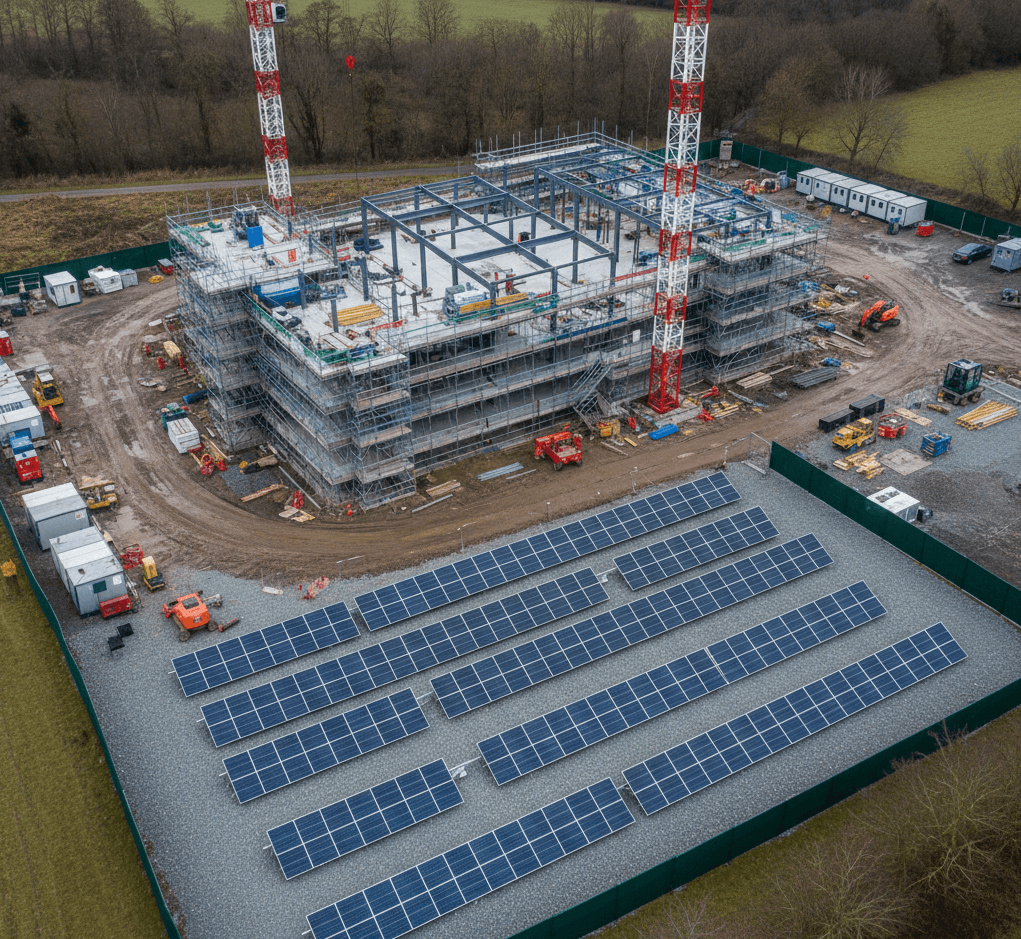 Active UK construction site with scaffolding and crane activity alongside a fenced-off solar PV array installed on gravel.