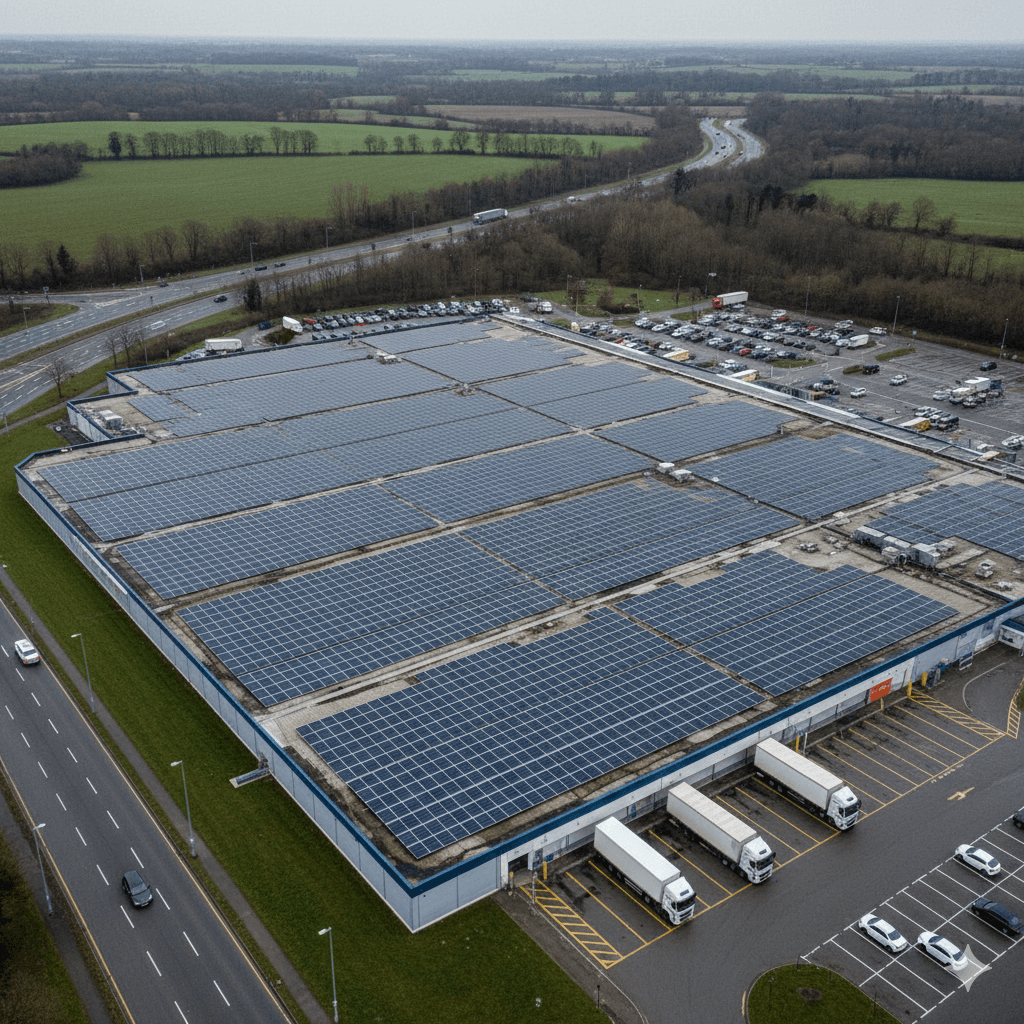 Rooftop solar panel installation on a large UK superstore near a major road, with delivery trucks parked at the loading bay.