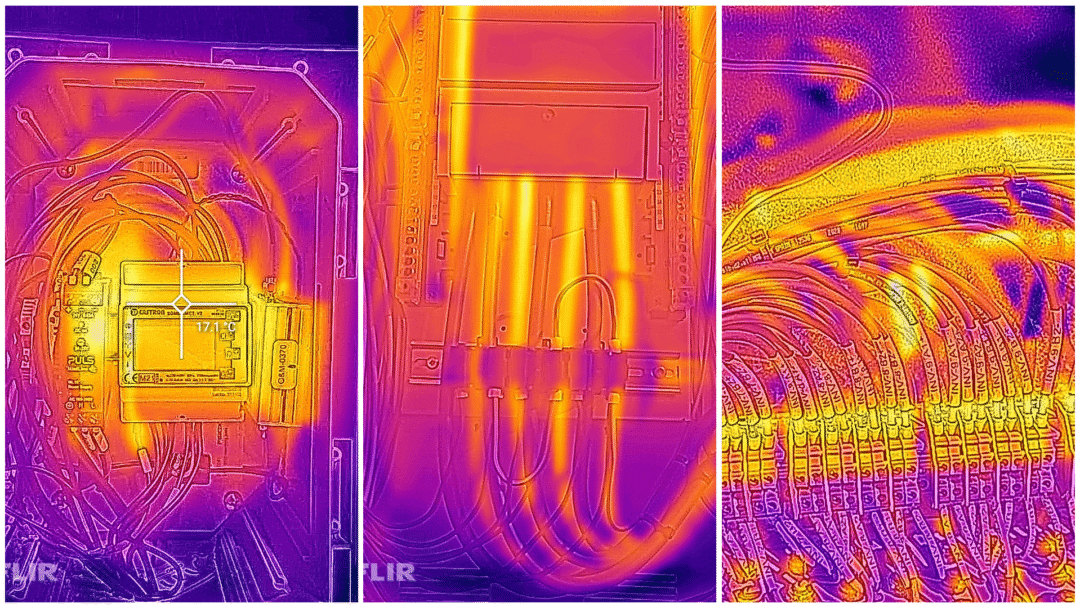 Thermal scan of solar inverter and wiring identifying potential faults and performance issues