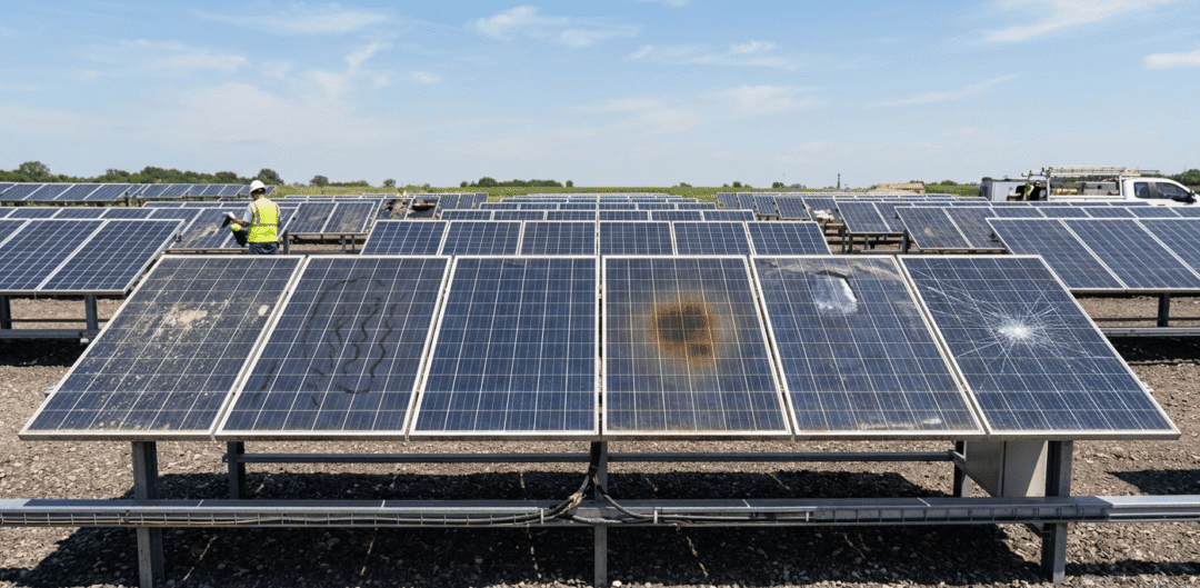 A field of solar panels, illustrating potential problems like wear, dirt, and shading that can affect efficiency.