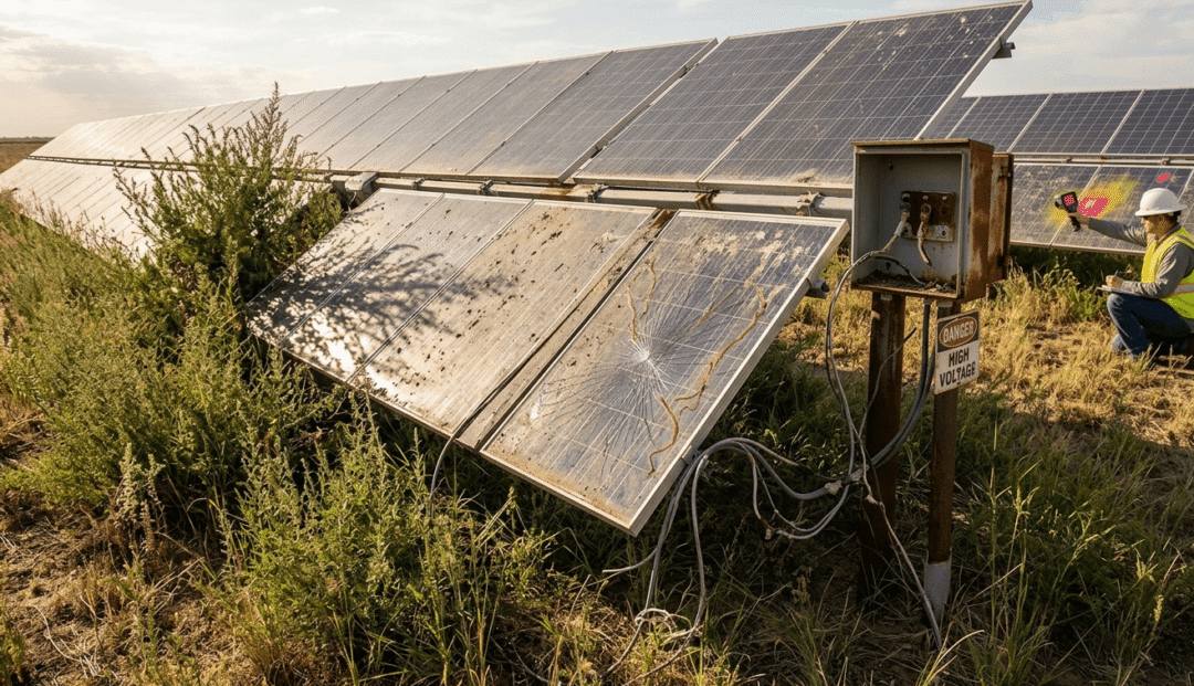 A man works on a solar panel in a field, focusing on troubleshooting ground-mounted solar system problems.