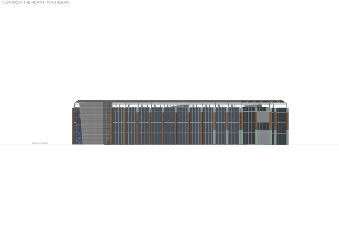 North elevation architectural view showing rooftop solar PV design for Laser Energy project.