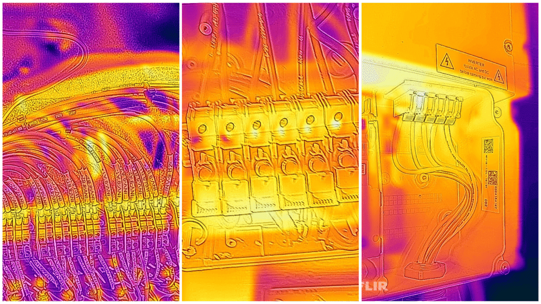 Infrared thermography of commercial solar PV system highlighting overheating cables and electrical connections
