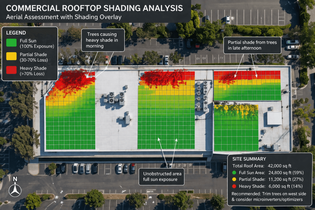 Commercial rooftop shading analysis map showing full sun, partial shade, and heavy shade zones for solar panel feasibility and energy optimisation.