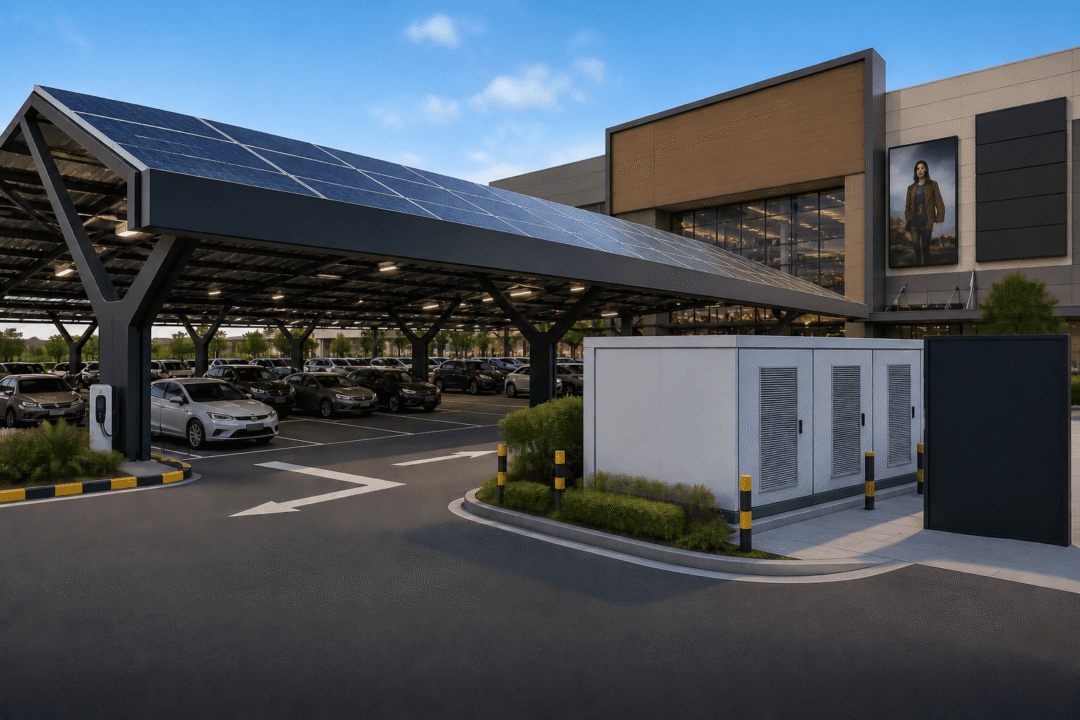 EvoEnergy solar carport with integrated battery storage system at a commercial site, providing covered parking, EV charging, and renewable energy generation.