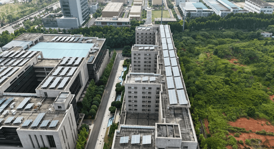 Drone view of rooftop solar arrays installed across business park buildings.