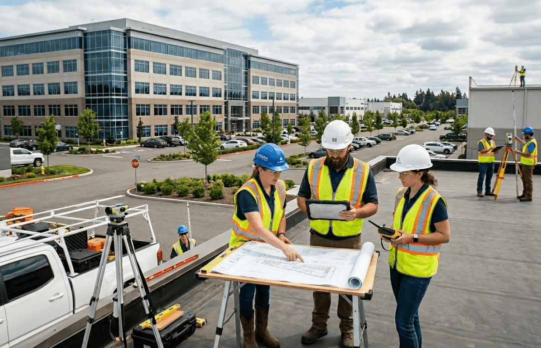 Solar engineers carrying out a rooftop site survey at a commercial business park ahead of a solar panel installation.