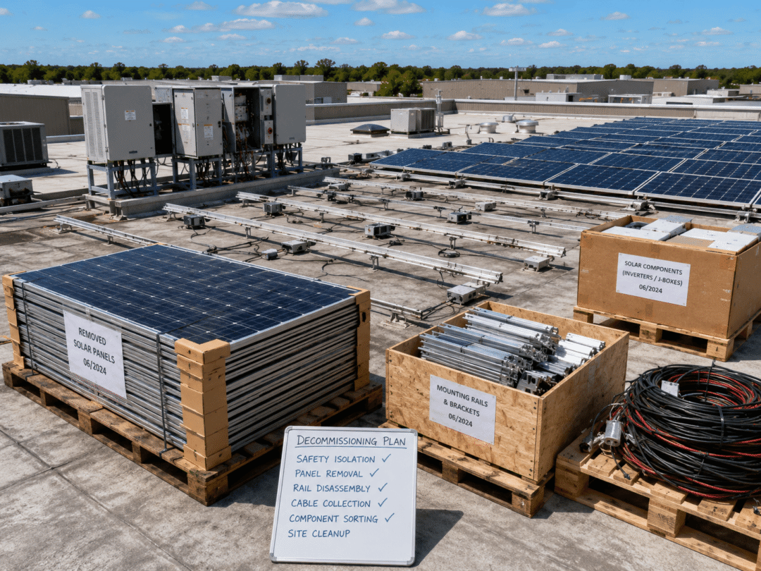 Commercial solar panel decommissioning with removed panels, mounting rails and sorted components on a flat rooftop.