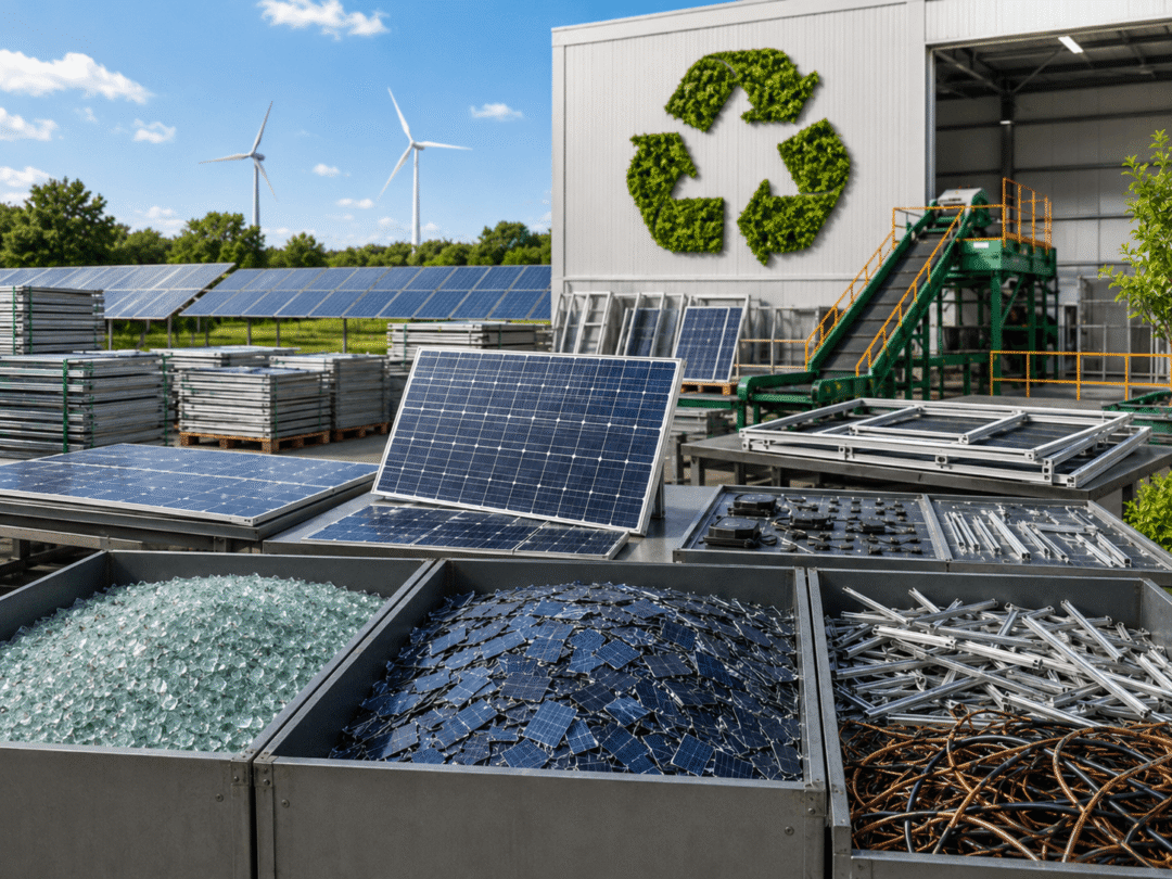 Solar panel recycling process with separated glass, silicon, aluminium and copper components.