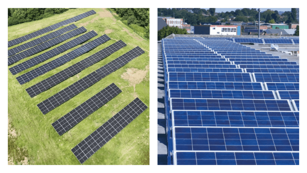 Ground-mounted and commercial rooftop solar panel installations shown side by side.