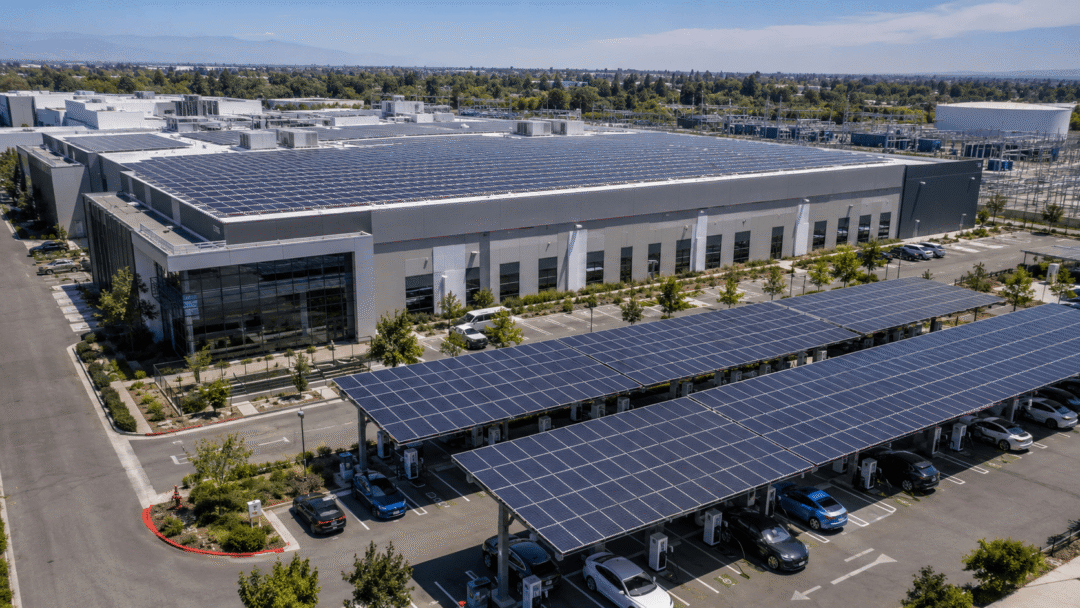 Commercial rooftop solar panels and solar carports with EV charging installed at a data centre facility