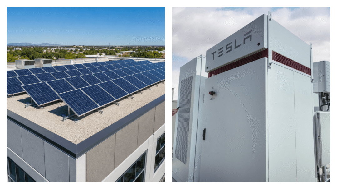 Side by side comparison of rooftop solar panels and battery storage systems