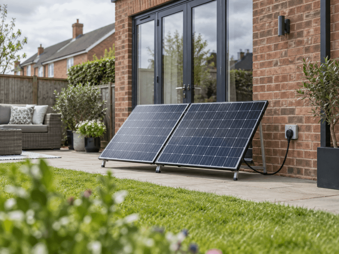 Two plug-in solar panels positioned beside a British home, connected directly to an exterior wall socket.